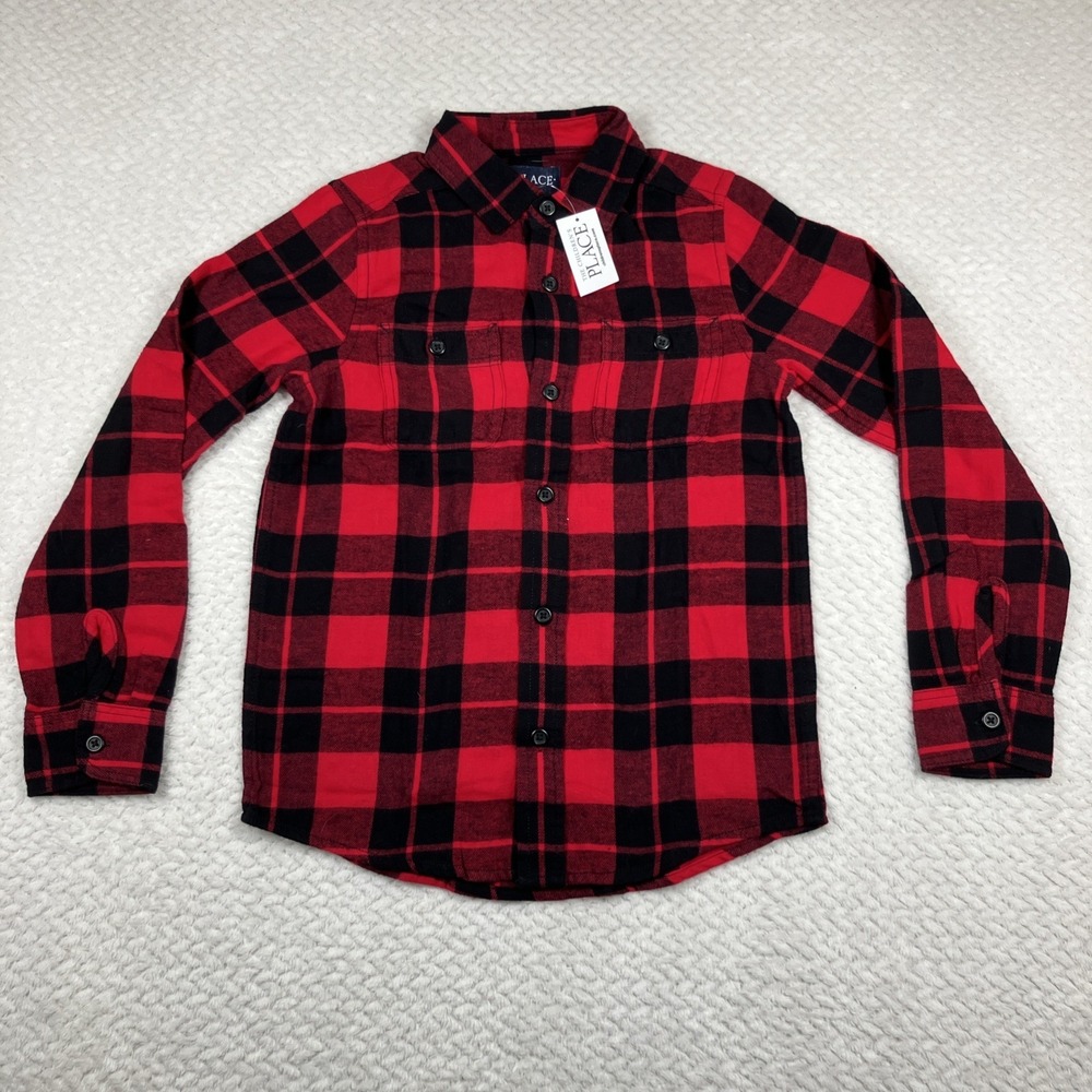 NWT Childrens Place Button Up Plaid Flannel Shirt Medium 7/8 Long Sleeve NEW $35